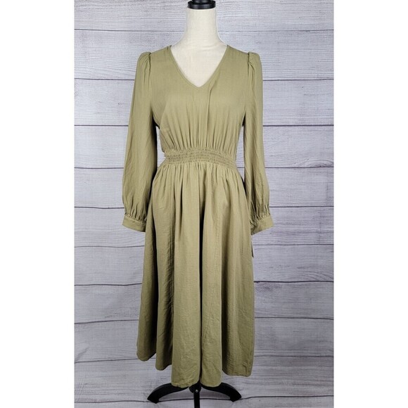 Treasure & Bond V-Neck Long Sleeve Smocked Midi Dress Olive Green Size X-Small - Picture 4 of 11